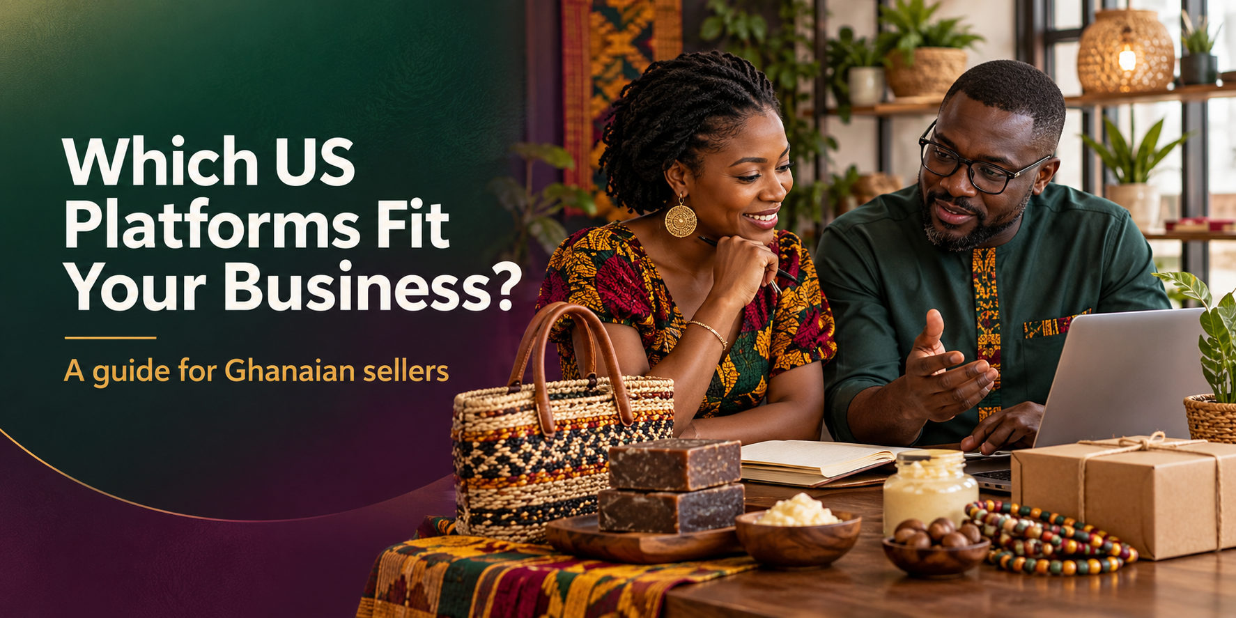 Ghanaian business owner comparing US e-commerce platforms for selling Ghana-made products.