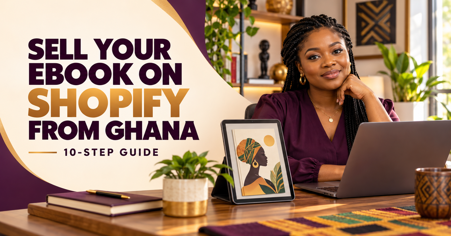 Ghanaian entrepreneur preparing an ebook for sale through a Shopify online store