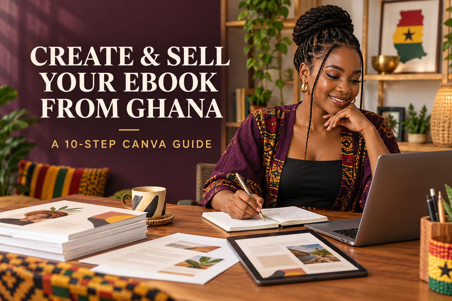 Ghanaian creator designing an ebook in Canva on a laptop with page drafts and Ghana-inspired desk accessories.